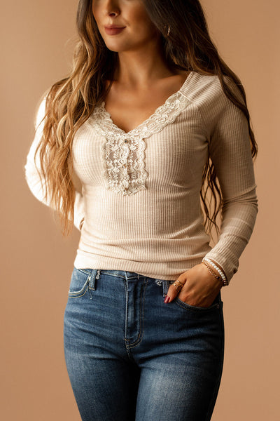 Live A Little Lace Trim Long Sleeve Top (Black)