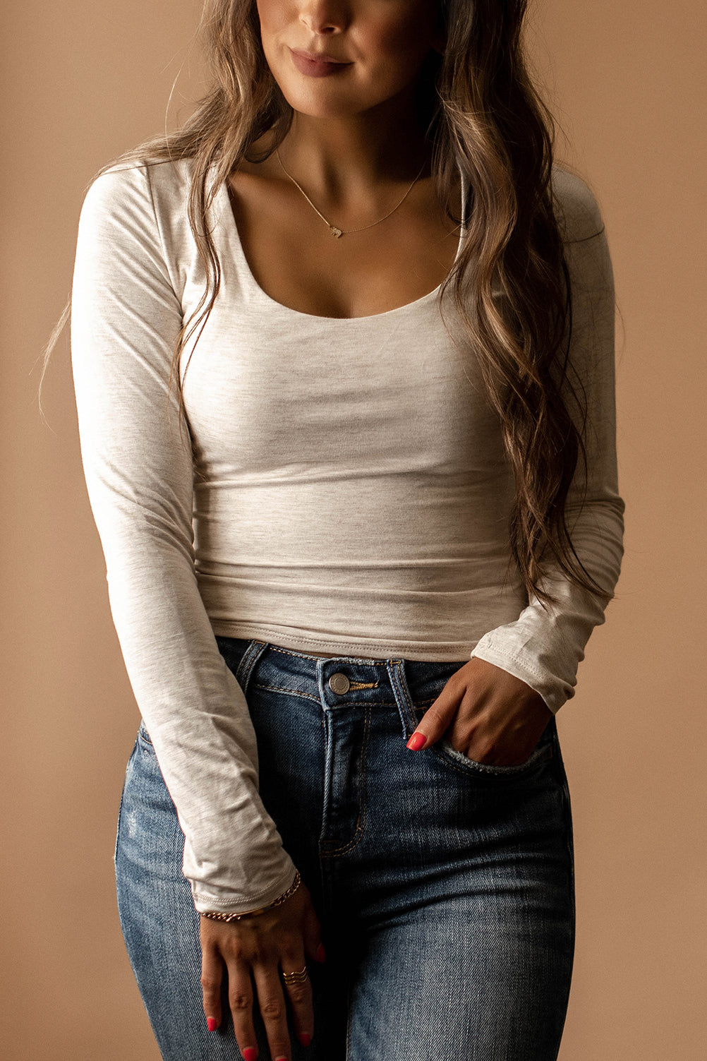 Wishful Double Layered Scoop-Neck Long Sleeve Top (Oatmeal)