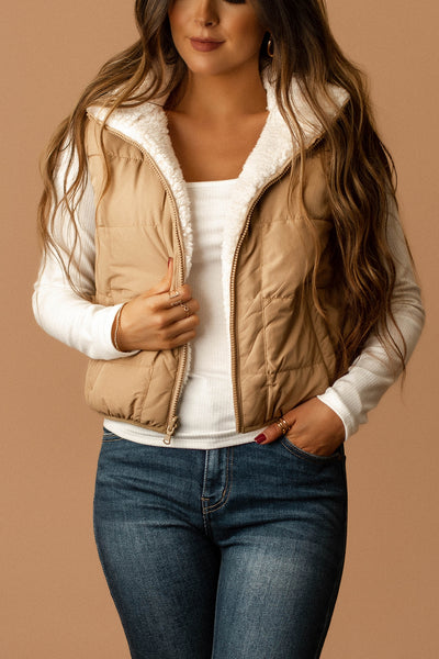 Always Loved You Sherpa Lined Puffer Vest (Khaki)