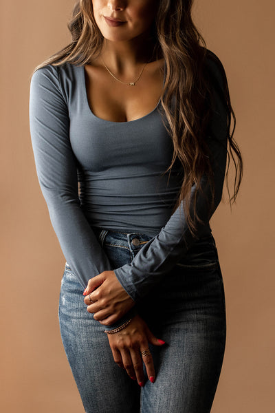 Wishful Double Layered Scoop-Neck Long Sleeve Top (Black)