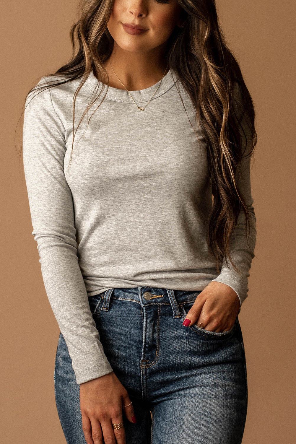 Please Don't Go Round-Neck Long Sleeve Top (Heather Grey)