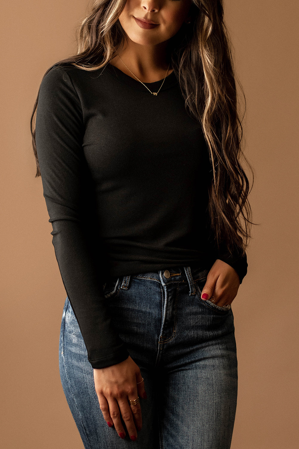 Please Don't Go Round-Neck Long Sleeve Top (Black)
