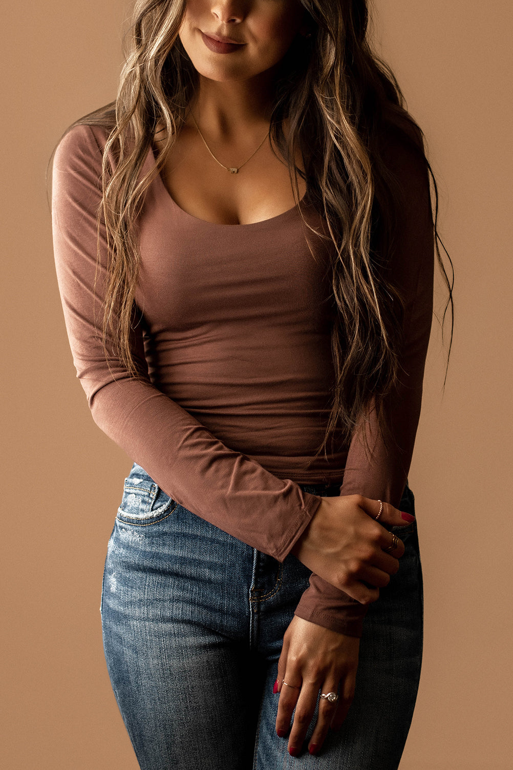 Wishful Double Layered Scoop-Neck Long Sleeve Top (Oatmeal)