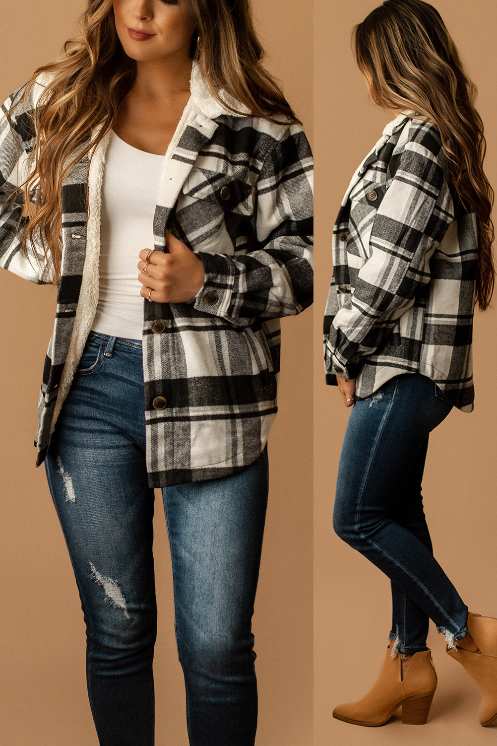 Conway Sherpa Lined Plaid Shacket (Black + White)