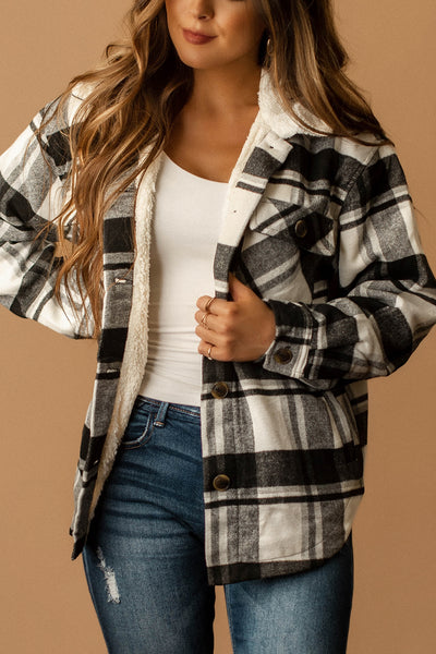 Conway Sherpa Lined Plaid Shacket (Black + White)