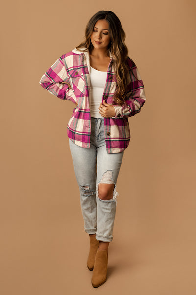 Conway Sherpa Lined Plaid Shacket (Magenta + White)