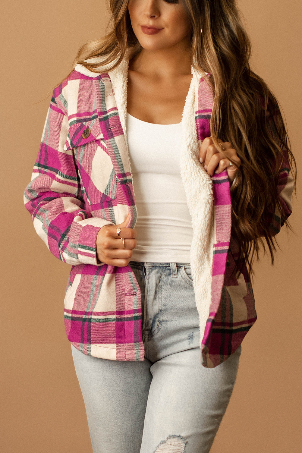 Conway Sherpa Lined Plaid Shacket (Magenta + White)