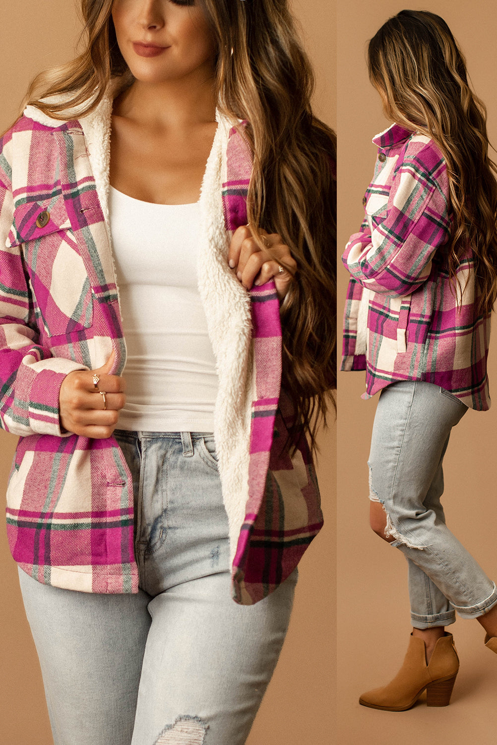 Conway Sherpa Lined Plaid Shacket (Magenta + White)