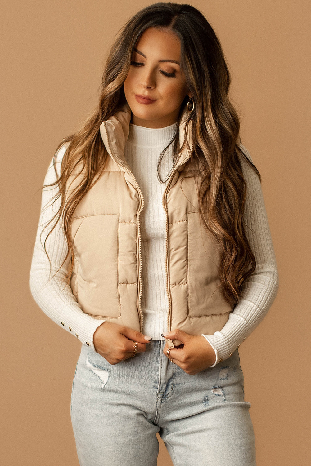 Last To Know Cropped Puffer Vest (Almond)