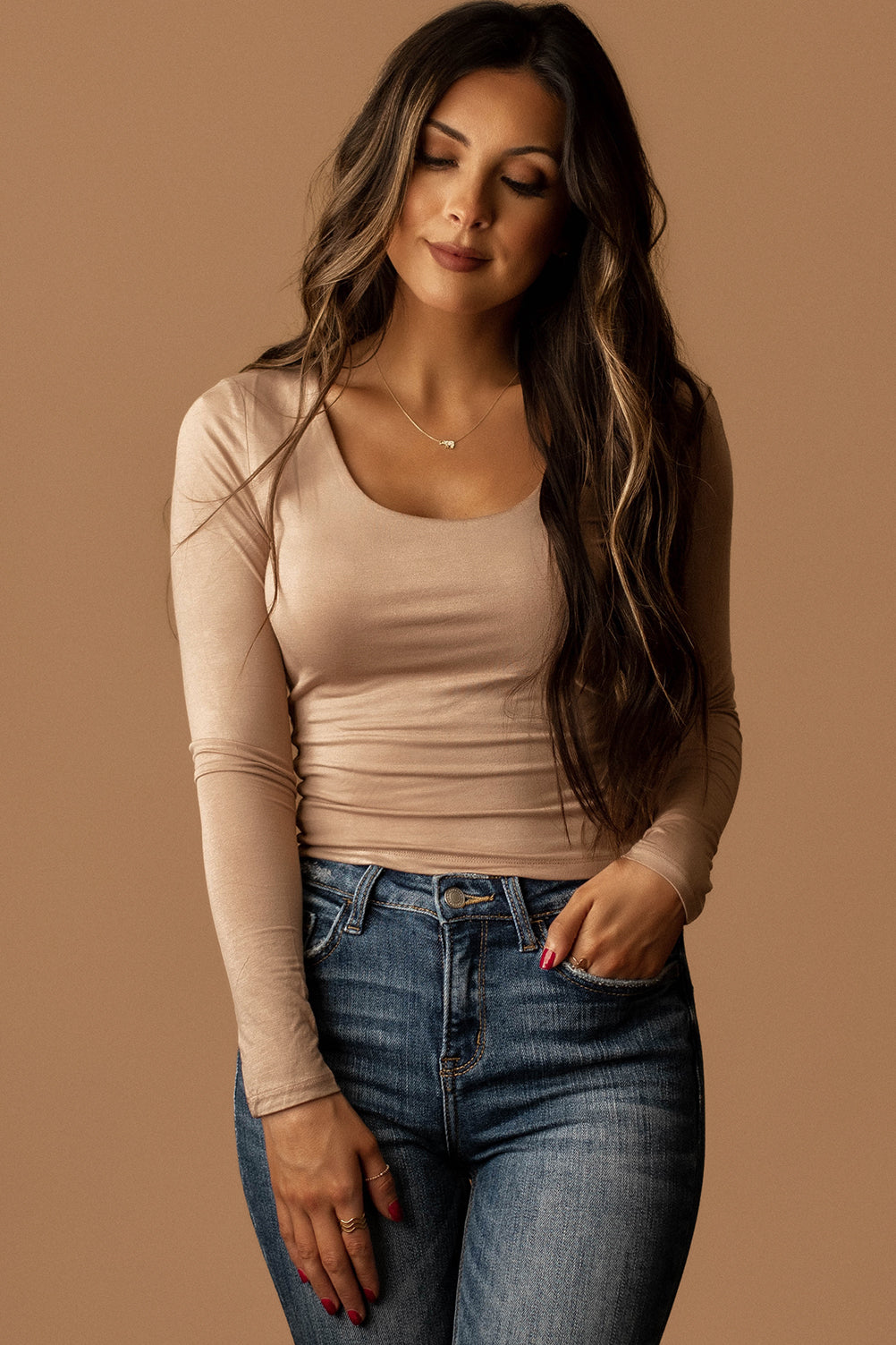 So You Say Scoop-Neck Long Sleeve Top (Taupe)