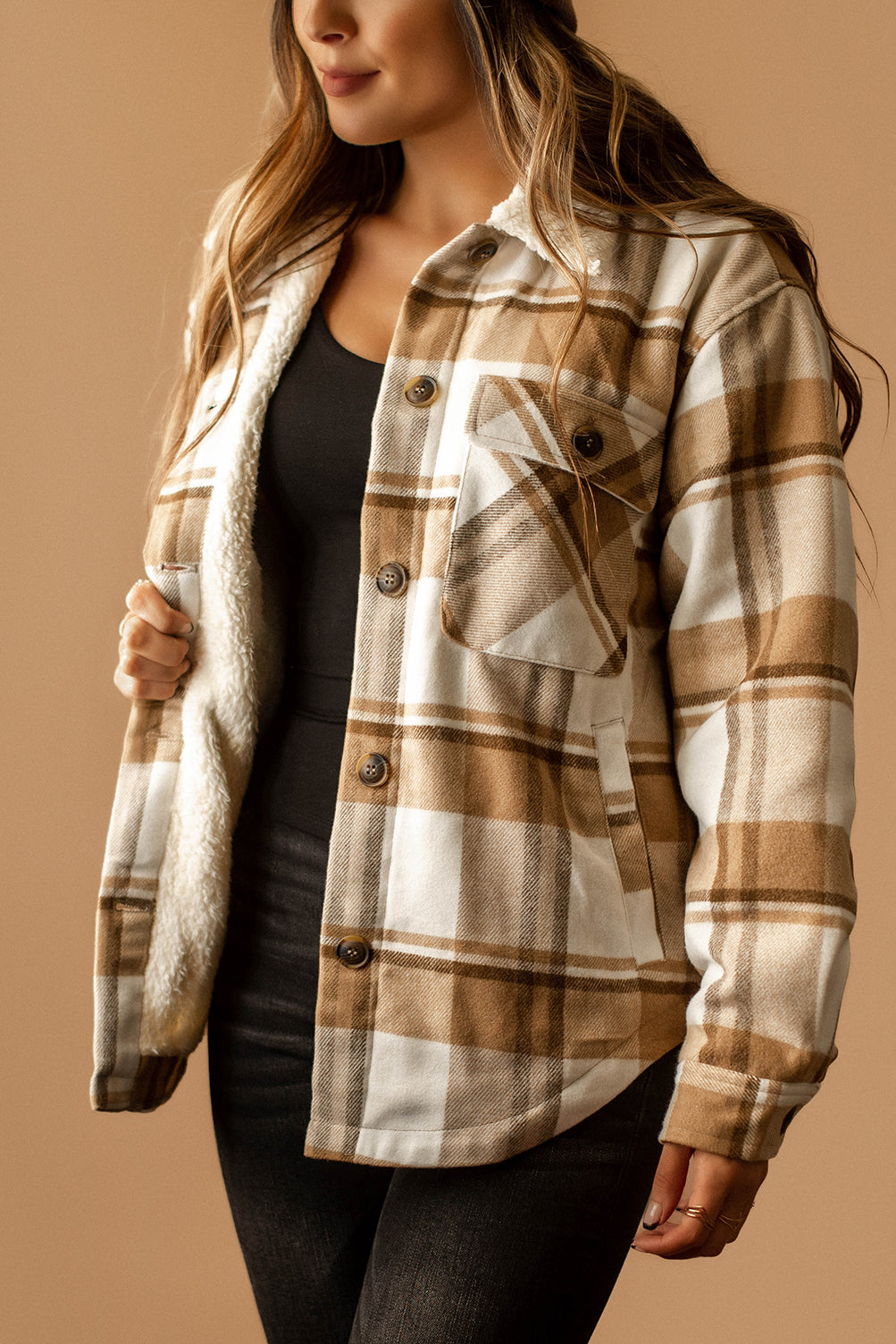 Conway Sherpa Lined Plaid Shacket (Camel + White)