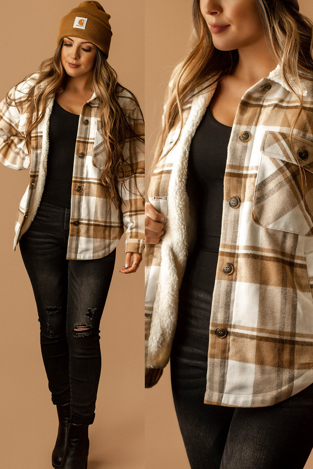 Conway Sherpa Lined Plaid Shacket (Camel + White)