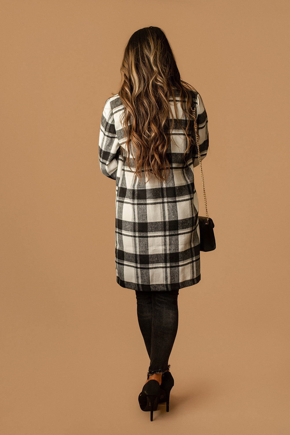 Edison Lapel Collar Plaid Coat (Black + White)