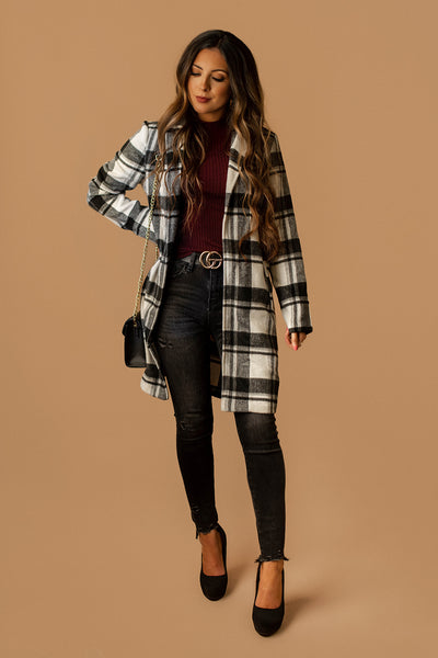 Edison Lapel Collar Plaid Coat (Black + White)