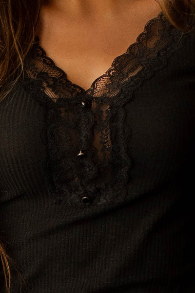 Live A Little Lace Trim Long Sleeve Top (Black)