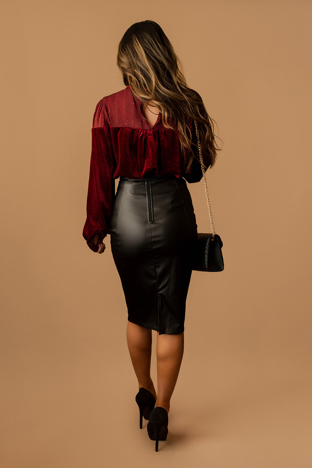 Those Who Wait Long Sleeve Velvet Contrast Top (Burgundy) | FINAL SALE