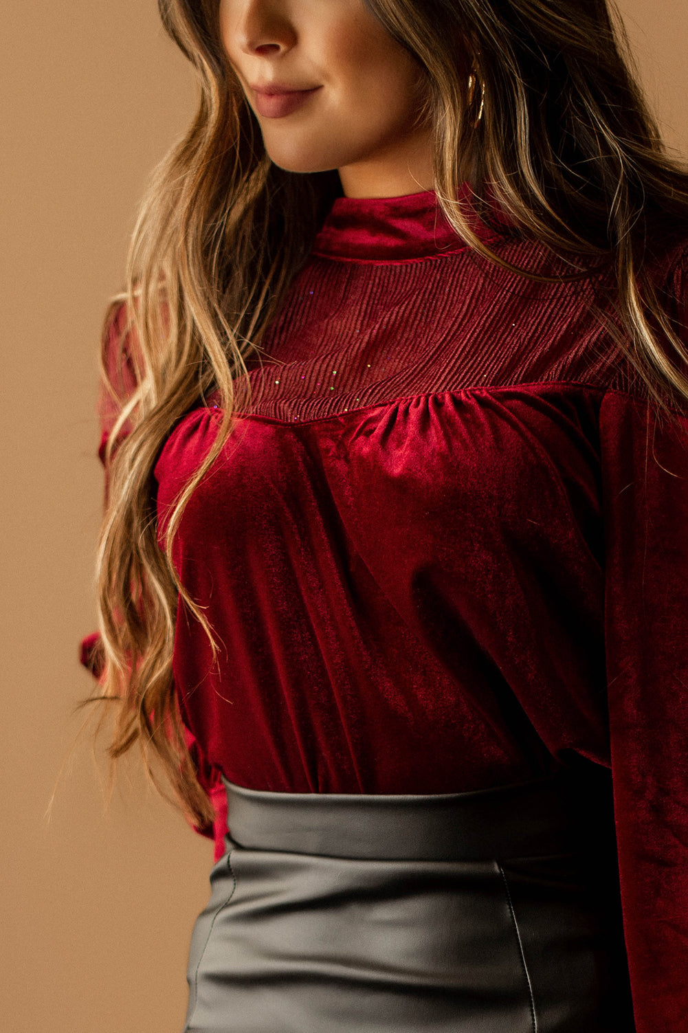 Those Who Wait Long Sleeve Velvet Contrast Top (Burgundy) | FINAL SALE