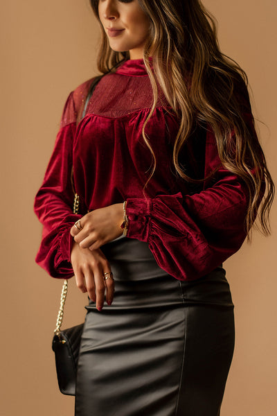 Those Who Wait Long Sleeve Velvet Contrast Top (Burgundy) | FINAL SALE