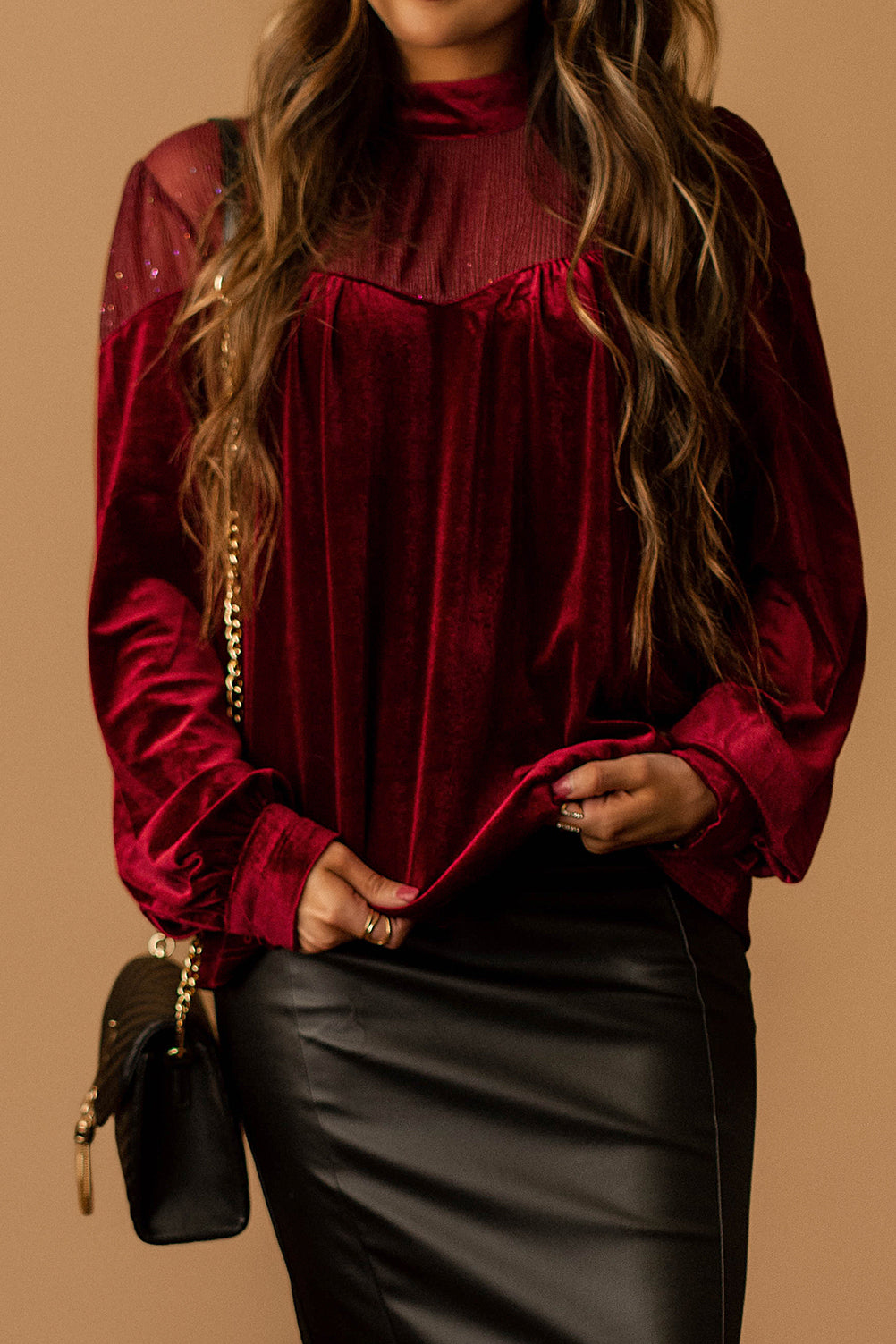 Those Who Wait Long Sleeve Velvet Contrast Top (Burgundy) | FINAL SALE