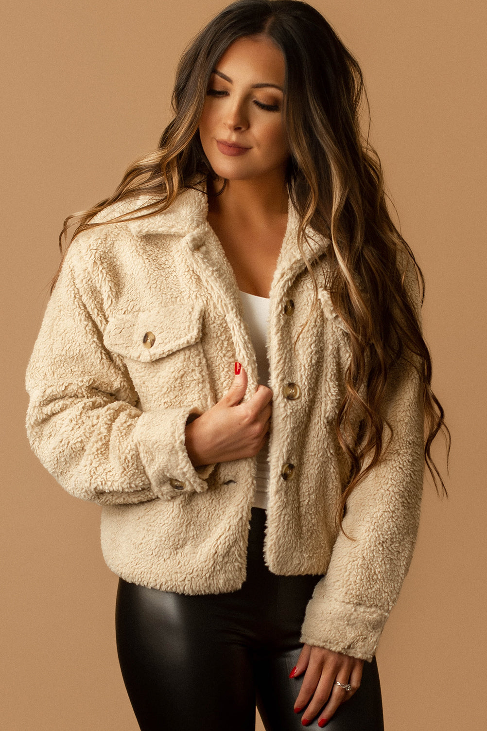 Down Home Button Front Sherpa Shacket (Beige) | FINAL SALE