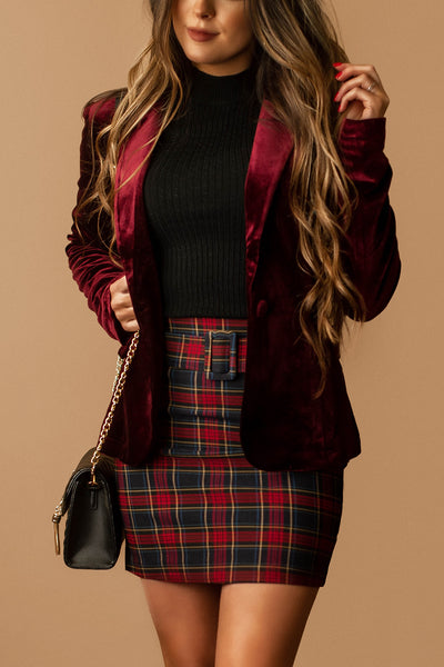 Under The Mistletoe Plaid Mini Skirt (Navy + Red)