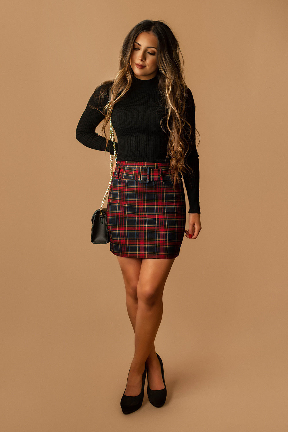 Under The Mistletoe Plaid Mini Skirt (Navy + Red)