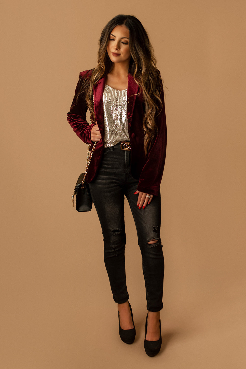 Take Me Back Velvet Blazer (Burgundy)