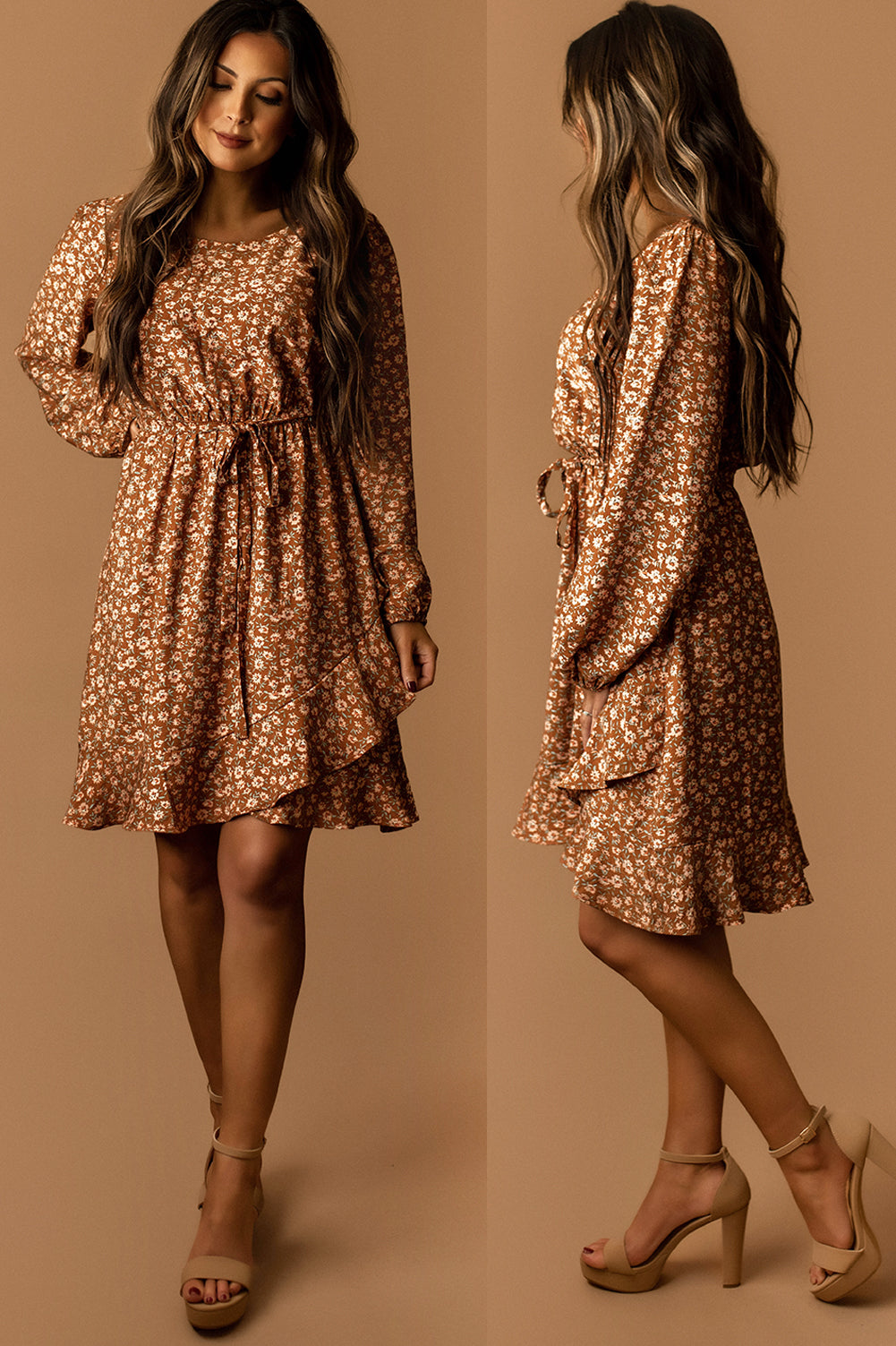Lost In The Moment Long Sleeve Floral Dress (Mocha Ditsy)