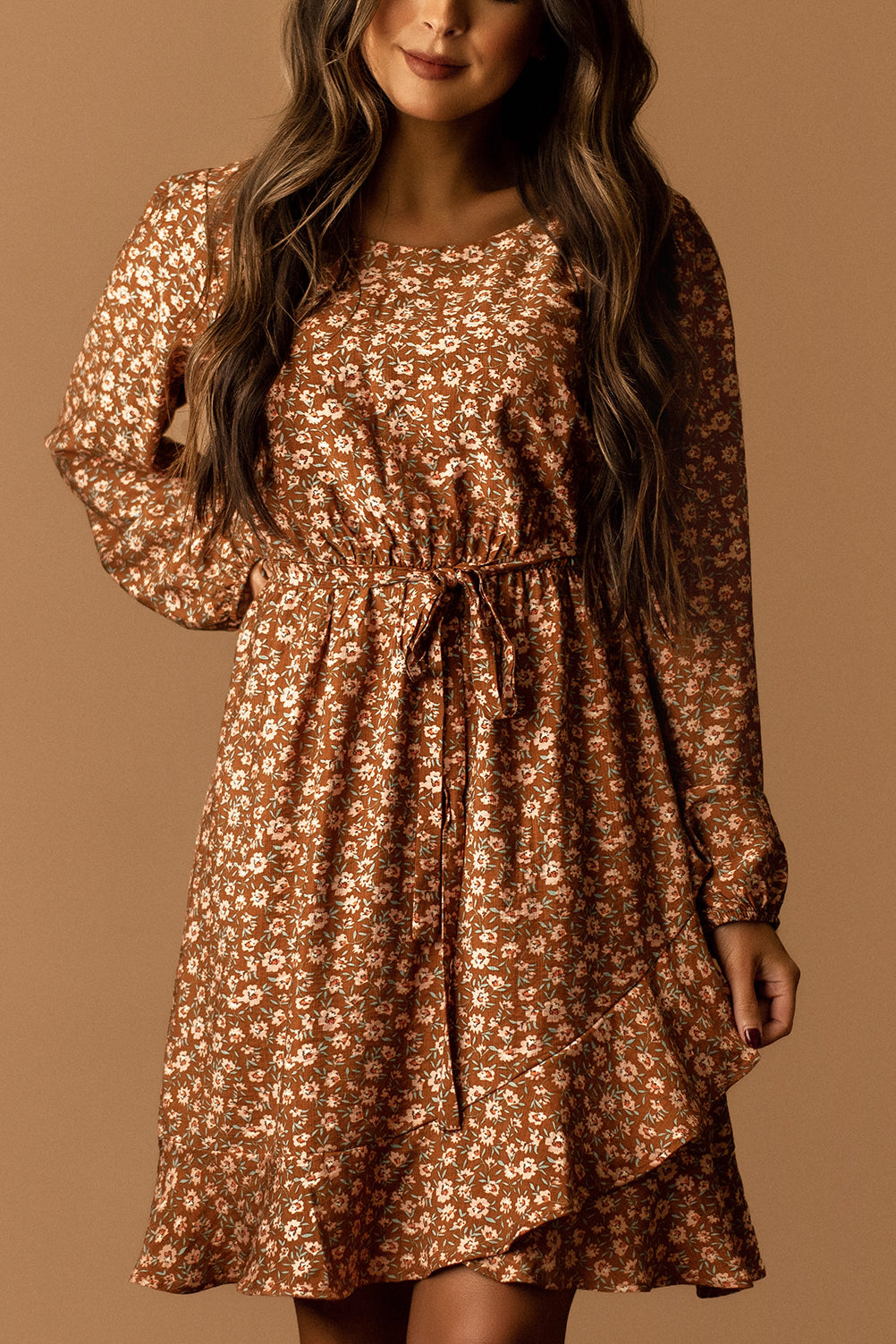 Lost In The Moment Long Sleeve Floral Dress (Mocha Ditsy)