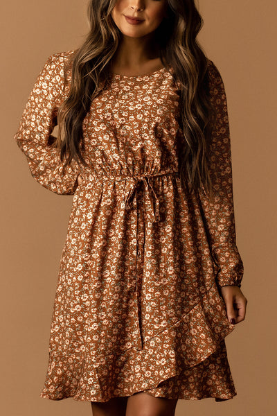 Lost In The Moment Long Sleeve Floral Dress (Mocha Ditsy)