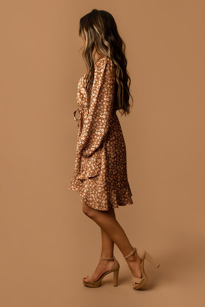 Lost In The Moment Long Sleeve Floral Dress (Mocha Ditsy)