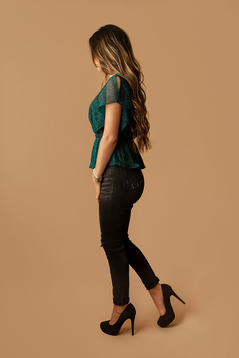 Call You Mine Shimmer Flutter Sleeve Top (Teal Green) | FINAL SALE