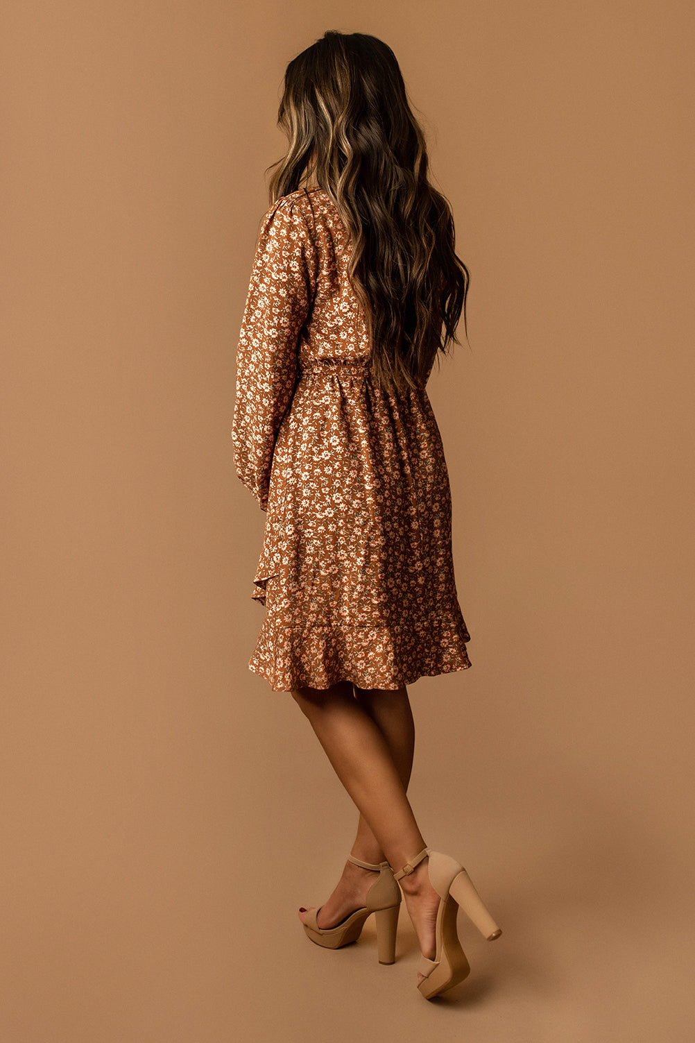 Lost In The Moment Long Sleeve Floral Dress (Mocha Ditsy)