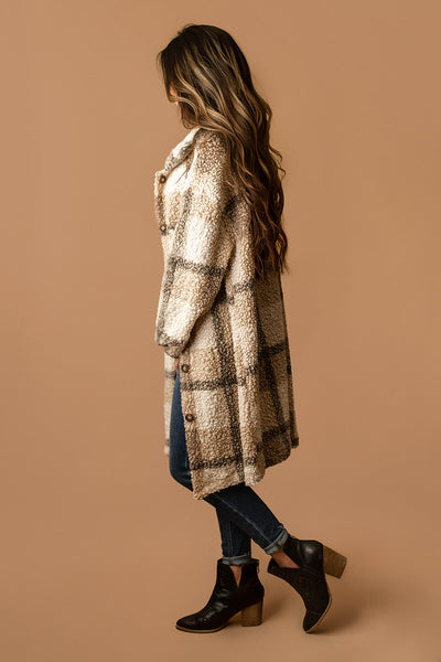 Something Real Plaid Teddy Coat (Beige) | FINAL SALE