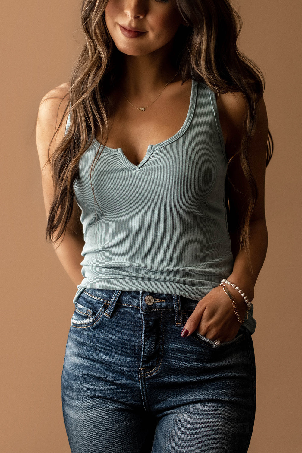 Moving On Notched Neck Ribbed Tank (Light Teal)