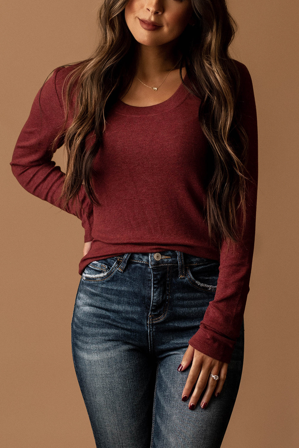 Let's Get Going Ribbed Long Sleeve Top (Taupe / Nutella)