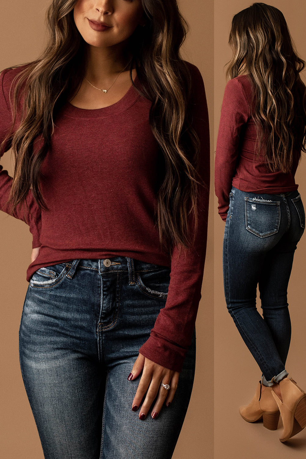 Let's Get Going Ribbed Long Sleeve Top (Burgundy)