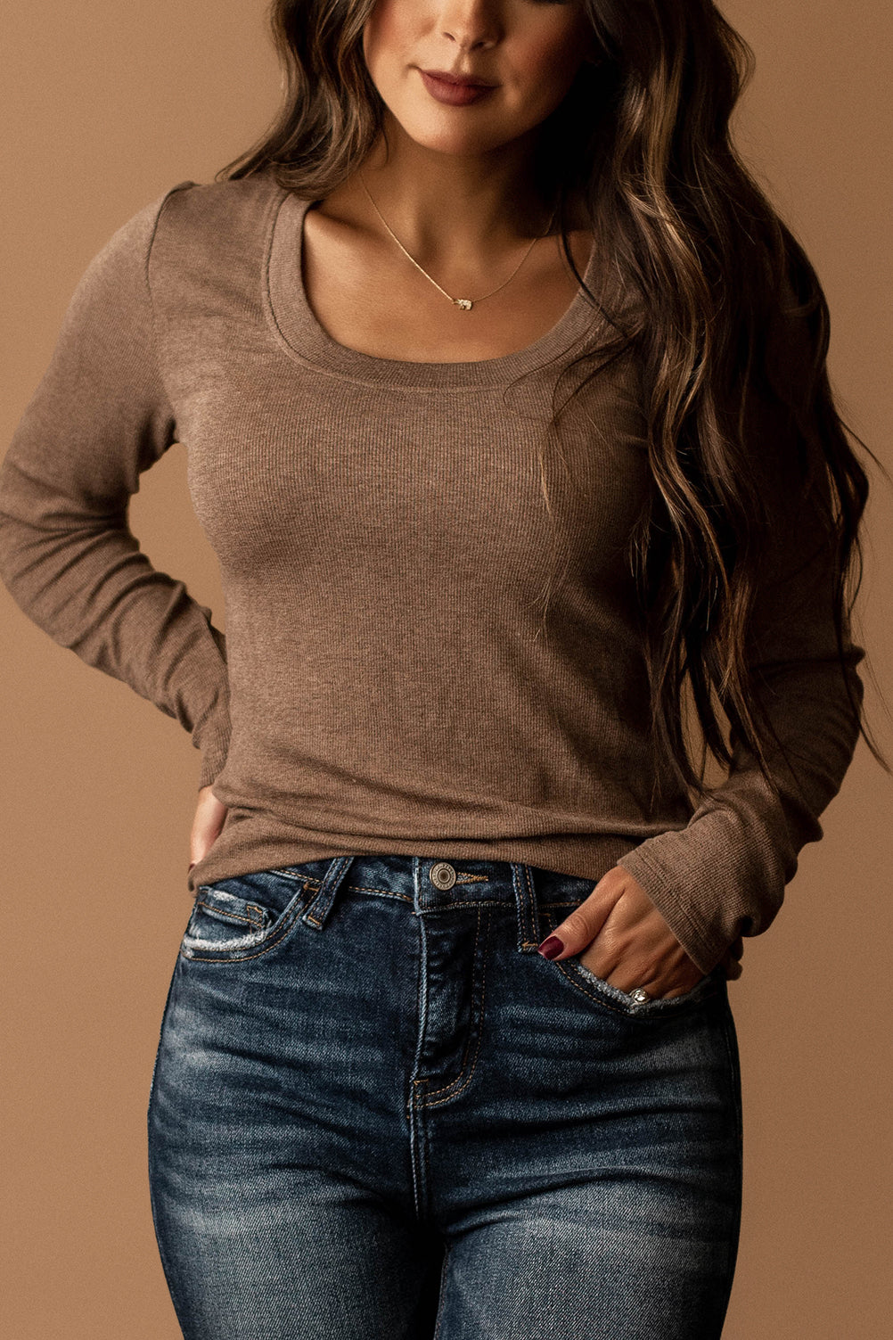 Let's Get Going Ribbed Long Sleeve Top (Taupe / Nutella)