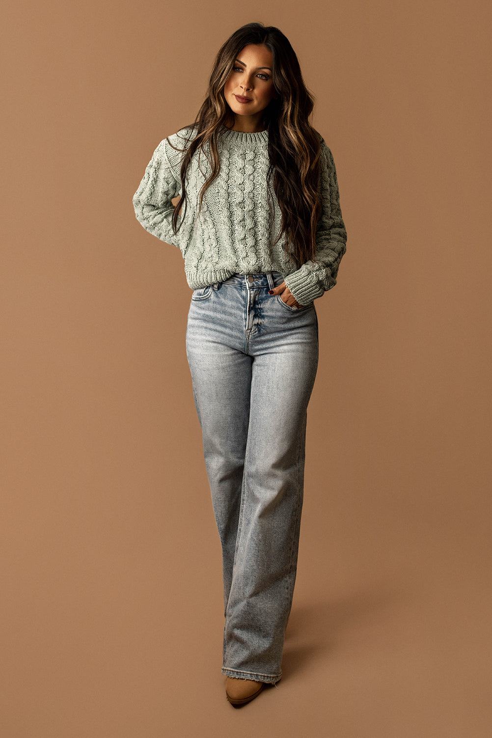 Left You Lonely Cable Knit Sweater (Sage Green)