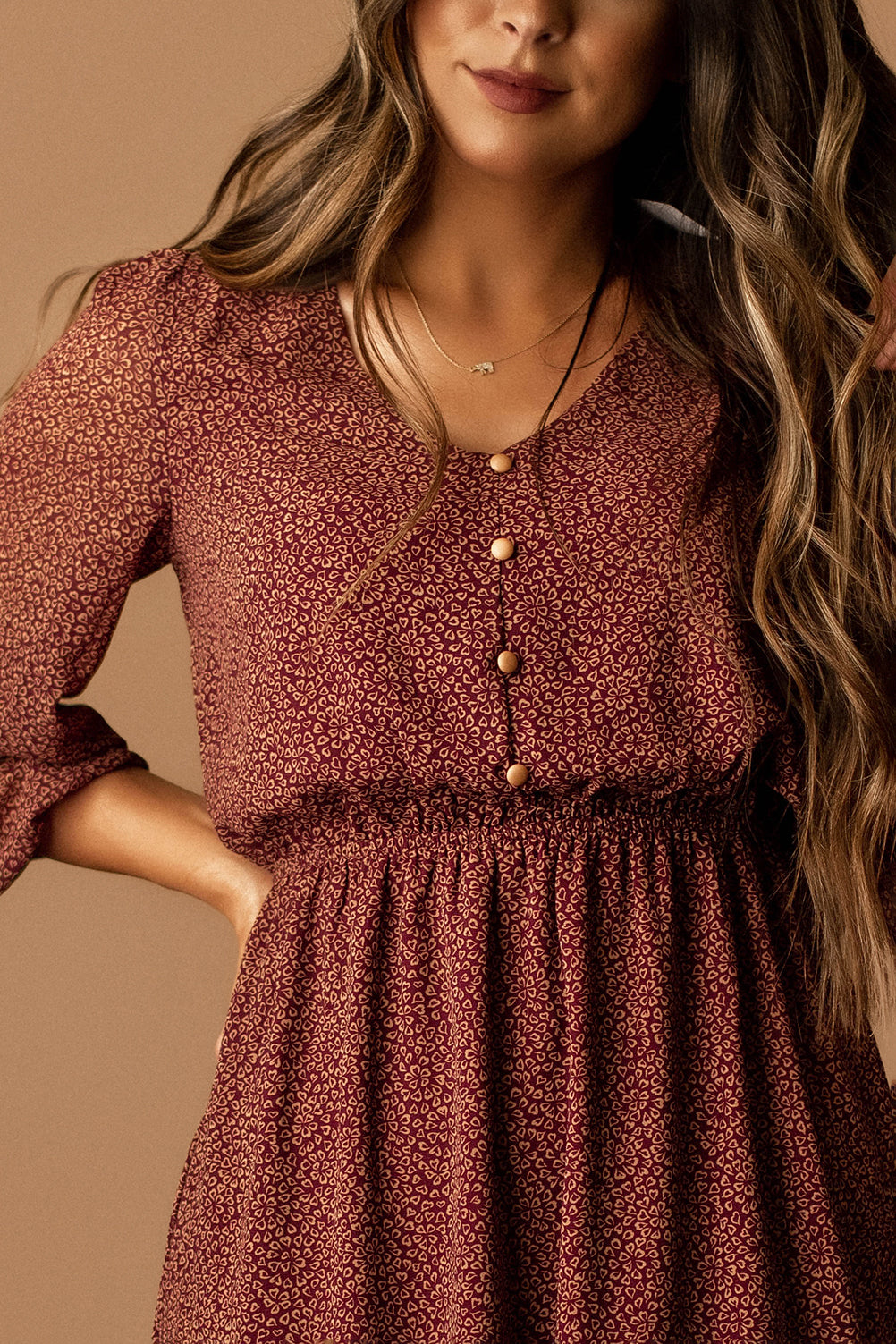 Forgotten Romance Button Front Mini Dress (Brick Burgundy)