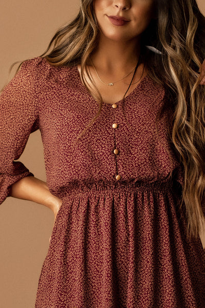 Forgotten Romance Button Front Mini Dress (Brick Burgundy)