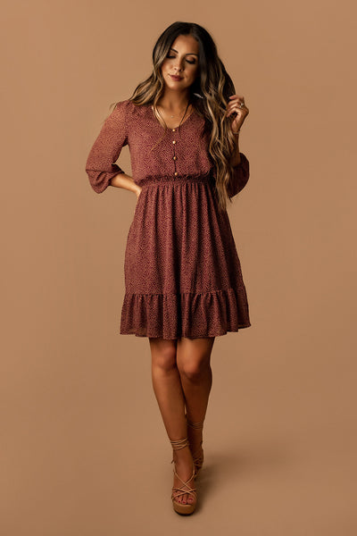 Forgotten Romance Button Front Mini Dress (Brick Burgundy)