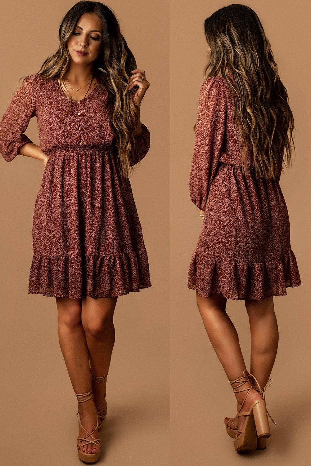 Forgotten Romance Button Front Mini Dress (Brick Burgundy)