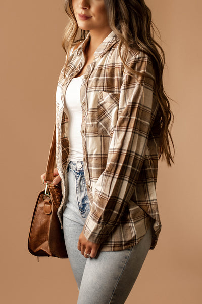 Distant Memories Plaid Flannel (Taupe Brown)