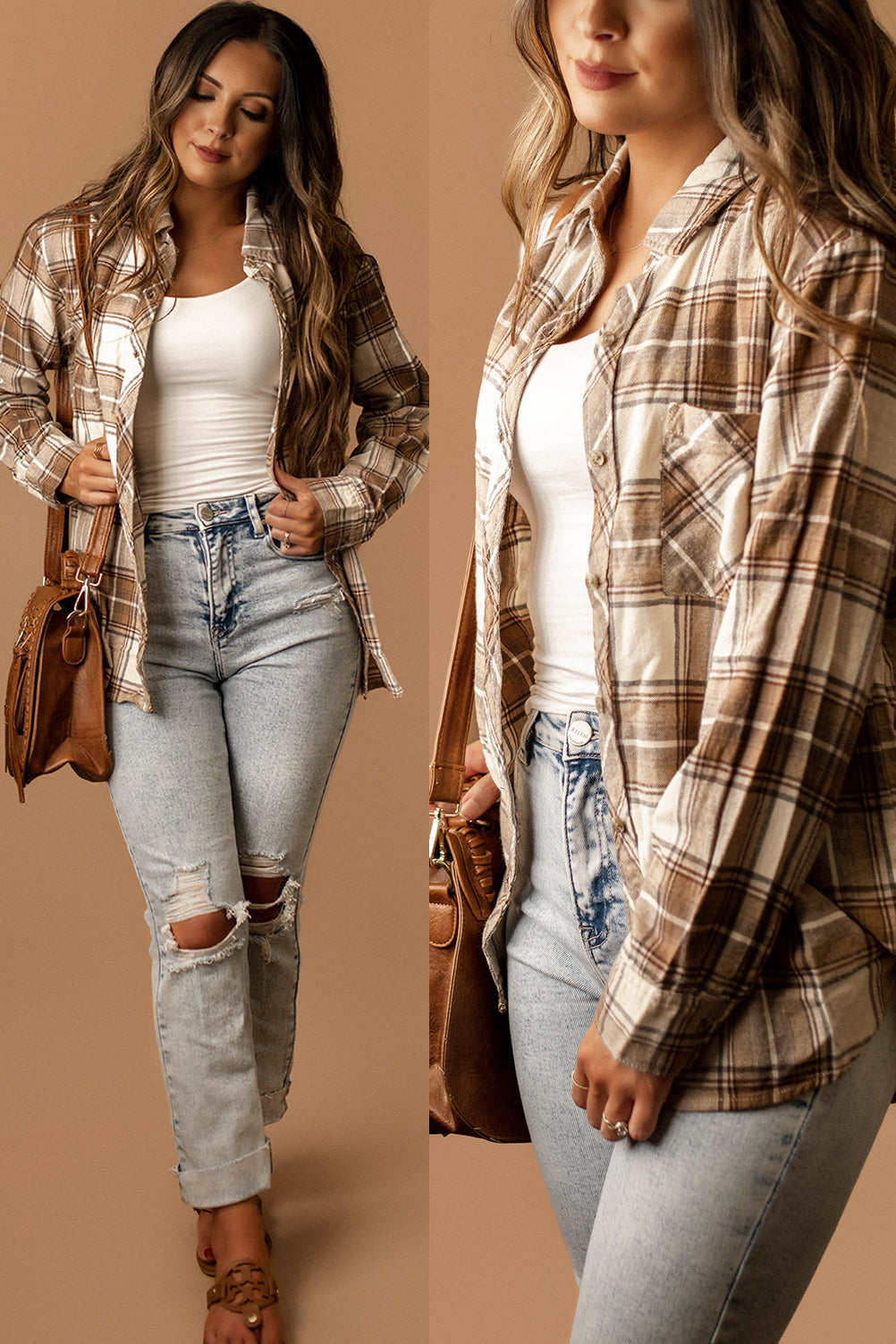 Distant Memories Plaid Flannel (Taupe Brown)