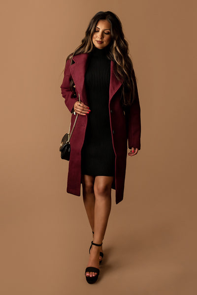 Violet Longline Notch Lapel Coat (Burgundy)