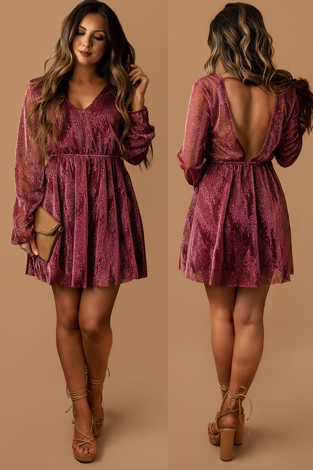 Whimsical Lust Metallic Open Back Mini Dress (Wine)