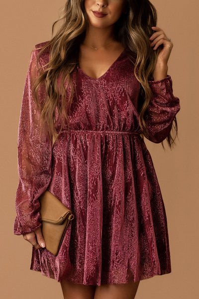 Whimsical Lust Metallic Open Back Mini Dress (Wine)