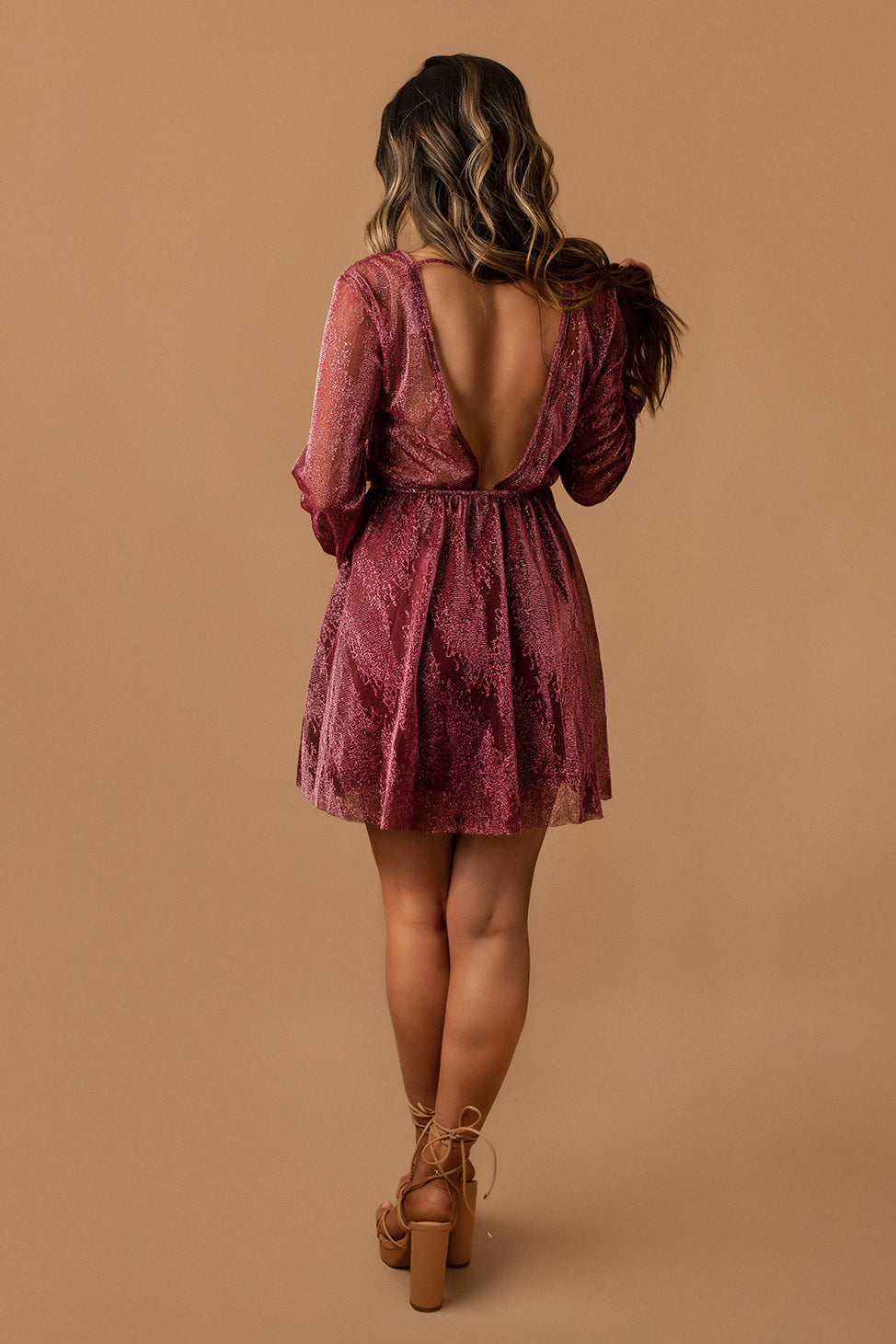 Whimsical Lust Metallic Open Back Mini Dress (Wine)