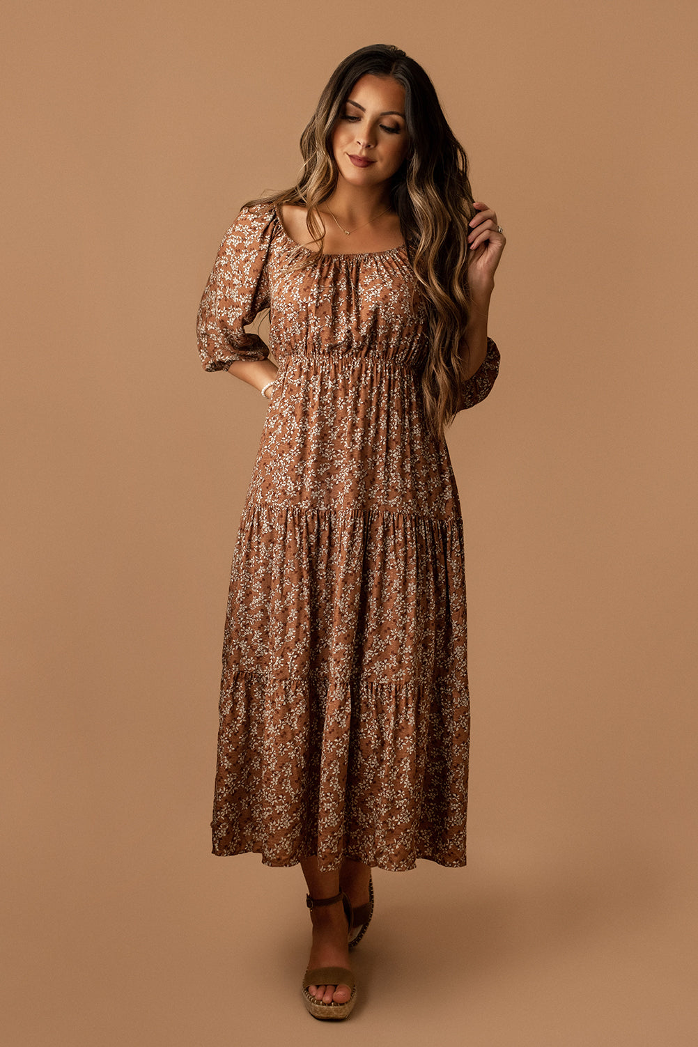 All Over Again Open Back Maxi Dress (Mocha Ditsy)